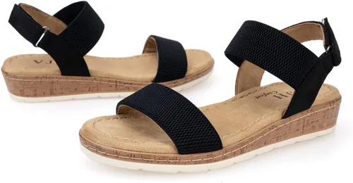 Vista 5 de VJH confort Sandalias planas para mujer, puntera abierta, correa elástica en el tobillo, sandalias cómodas de cuña baja