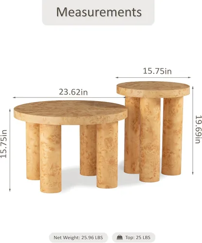 Vista 2 de Aoikax Juego de 2 mesas de centro redondas de madera de granja con acabado de chapa burl, mesas anidables rústicas modernas con patas de pilar