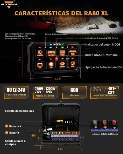 Vista 5 de Auxbeam RA80XL - Panel de interruptores RA80XL de 5 pulgadas, gran control de dispositivos complementarios Toggle/Momentary/Pulsed RGB dimmable
