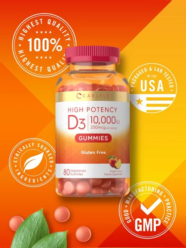 Vista 6 de Carlyle Gomitas de vitamina D3 10000iu para adultos 80 unidades Gomitas con sabor a melocotón Alta potencia para mujeres y hombres
