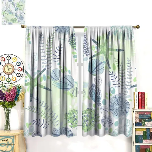 Vista 8 de Cortinas de decoración de playa con océano azul, peces náuticos costeros playeros de verano, conchas marinas, temática infantil, dormitorio, sala