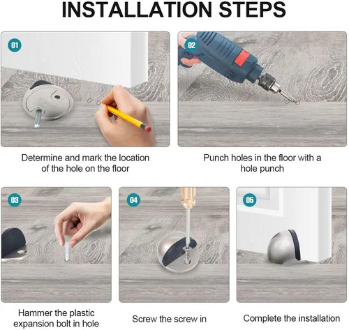Vista 4 de Tope de puerta de piso de níquel satinado con almohadilla de goma, tapón de puerta en forma de semicírculo, acero inoxidable para proteger la pared