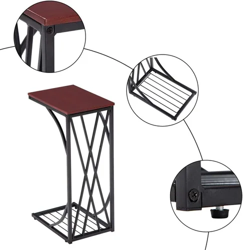 Vista 4 de Mesa auxiliar en forma de C, mesa auxiliar para sofá, mesa auxiliar para muebles de sala de estar, escritorio marrón de línea cruzada
