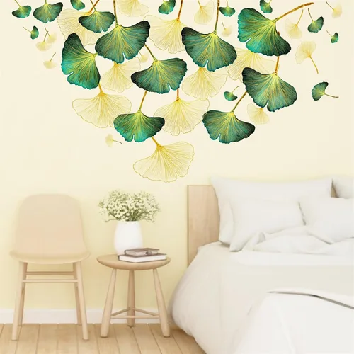 Vista 7 de Calcomanías de pared de hojas doradas, calcomanías de pared de hojas verdes, calcomanías de pared modernas para dormitorio, sala de estar, Oro