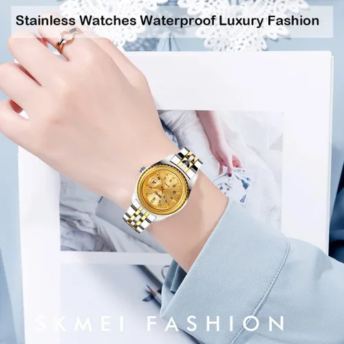 Vista 2 de SKMEI Watches for Women Ladies Female Stainless Dress Luxury Business Classic Fashion Analog Quartz Waterproof Simple Day Date Wife Girls Gifts Gold