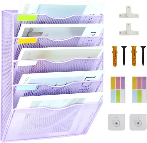 Vista 18 de Organizador de archivos de pared de malla con 1 bolsillo, organizador de archivos para colgar en la oficina, revistero, juego de ganchos