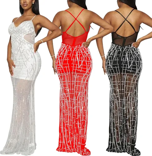 Vista 5 de PORRCEY - Vestido sexy con diamantes de imitación para mujer, vestido de noche para fiesta y club