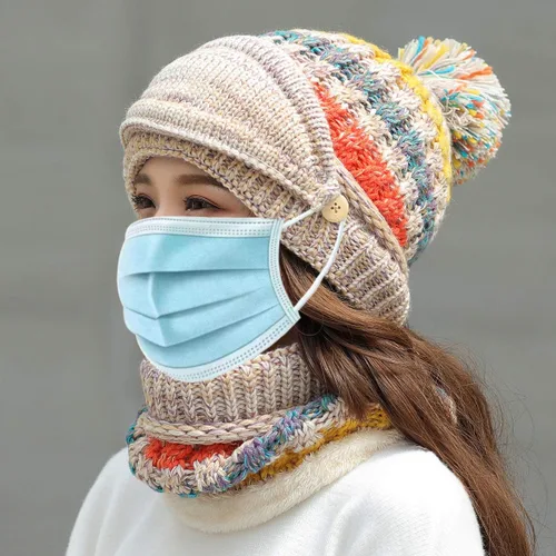 Vista 8 de Conjunto de 3 piezas para mujer, gorro de esquí, nieve, cuello, bufanda, máscara facial, pasamontañas, gorro de forro polar de punto de invierno