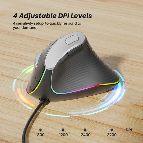 Vista 6 de Nulea M504 Ratón Vertical con Cable, Ratón Óptico Ergonómico USB con 4 DPI Ajustables, 11 Modos de Retroiluminación RGB, Compatible para Laptop, PC