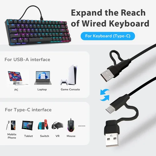 Vista 2 de RK ROYAL KLUDGE Cable de teclado USB C 6 pies - 60 W, cable de teclado de carga rápida 3.1 A, cable de carga USB 2 en 1 USB AC a USB para teclado