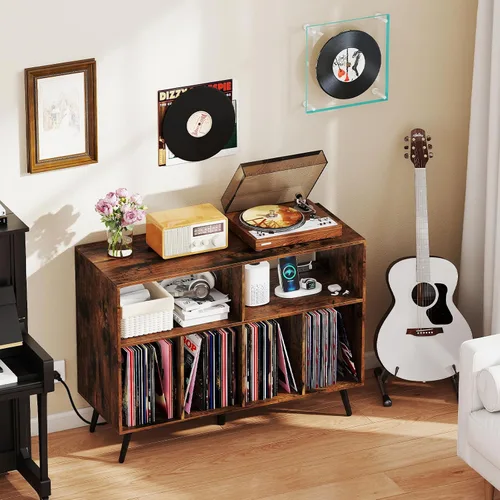 Vista 8 de GIANTEX Soporte grande para tocadiscos con estación de carga, soporte para tocadiscos con capacidad para hasta 300 álbumes, mesa de tocadiscos