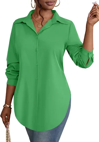 Vista 32 de Rooscier Blusa larga con cuello en V para mujer, manga larga, abertura lateral, con botones