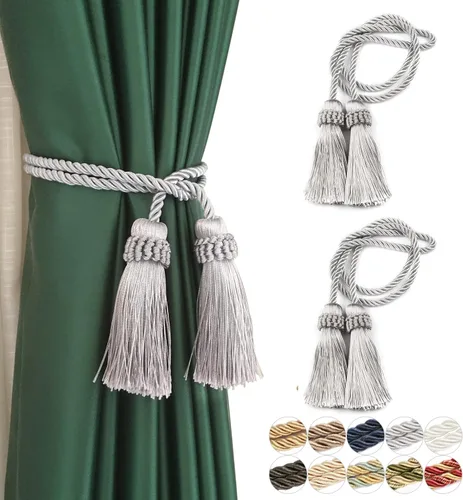 Vista 16 de Sujetadores de Cortina Hechos a Mano Decorativos Alzapaños de Cortina con Cuerda y Borla (Beige, 2P)