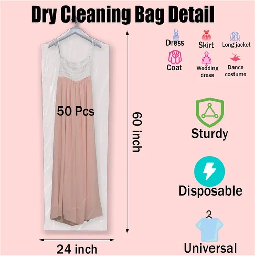 Vista 3 de Bolsa de limpieza en seco de 60 pulgadas – 50 bolsas de plástico transparente extra largas para vestidos, bolsas de ropa desechables para colgar ropa