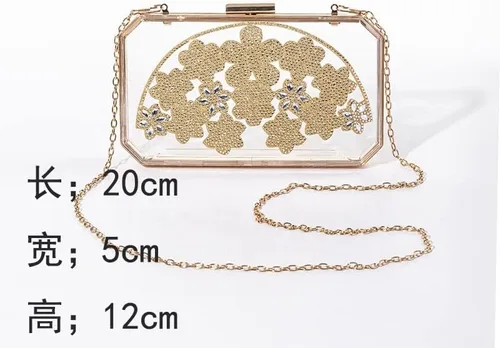 Vista 2 de ZLXDP - Bolso de mano de noche para mujer, diseño de flores doradas, carteras de boda, acrílico para fiesta, cena, con bolsas de hombro transparentes