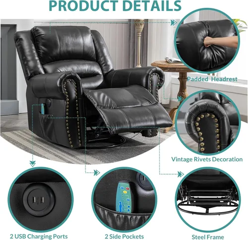 Vista 5 de MEETWARM Sillón reclinable giratorio de masaje con calor y vibración, mecedora manual mecedora, silla reclinable giratoria de 360° con control