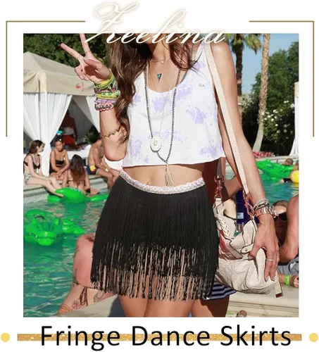 Vista 2 de Zeelina Faldas de baile con flecos, falda de lentejuelas, falda envolvente con borlas brillantes, disfraz de fiesta rave para festival para mujer