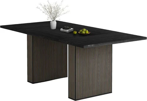 Vista 9 de Mesa de comedor rectangular de 198 cm para 6 a 10 personas, mesa de cocina estilo granja con estrías, mesa larga de madera moderna para cocina