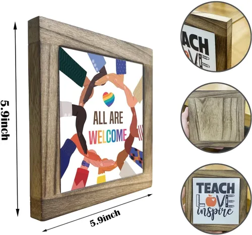 Vista 2 de Letrero de bienvenida: All Are Welcome, placa de madera, arte de mesa, decoración de aula de diversidad y escuela, estilo granja, decoración