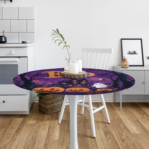 Vista 6 de Mantel redondo ajustable de Calabaza Castillo Boo de Halloween con borde elástico, cubierta de mesa impermeable limpiable lavable de Halloween
