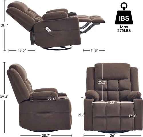 Vista 2 de Silla reclinable giratoria con masaje y calefacción, portavasos, sillón reclinable deslizante para adultos, tela suave, sala de estar, silla