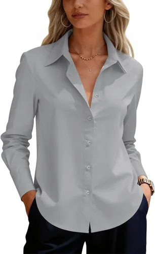 Vista 11 de siliteelon Camisas de vestir con botones para mujer, camisas de vestir de manga larga para mujer, camisas de trabajo de algodón de ajuste regular