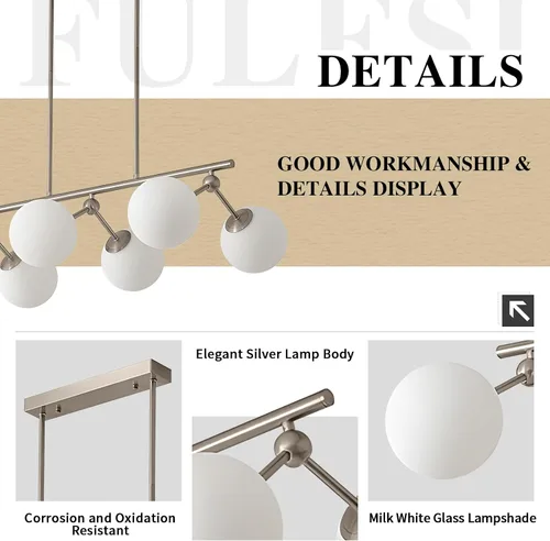 Vista 3 de Candelabro lineal moderno de 6 luces con globo de cristal de leche Sputnik, lámpara colgante plateada para cocina, isla de comedor, sobre mesa