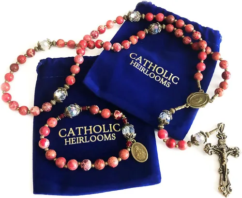Vista 3 de Juego de rosario y pulsera de piedra y cristal Sagrado Corazón de Jesús en caja - Rosario Católico - Rosarios Catolicos - Regalos Católicos