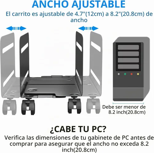 Vista 2 de AGPTEK Soporte para CPU, ancho ajustable de 4.7 a 8.2 pulgadas con 2 ruedas de bloqueo y 2 ruedas giratorias, color negro