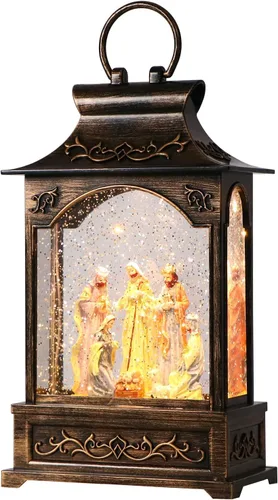 Vista 8 de Farol musical de Navidad con diseño de globo de nieve – Natividad escena de agua globo de nieve brillante portátil colgante de mesa linterna
