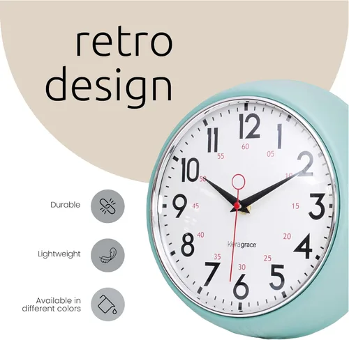 Vista 5 de Kiera Grace, reloj de pared retro con bisel cromado y lente de vidrio convexo, de 9.5 pulgadas, Plástico, Verde, 9.5
