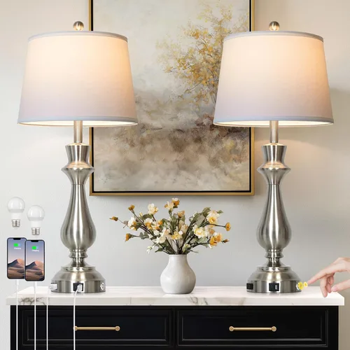 Vista 9 de Moderna lámpara de mesa plateada para sala de estar, lámpara de noche de 30 pulgadas de alto con puerto de carga USB, lámpara de mesita de noche