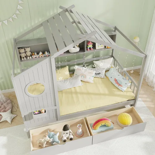 Vista 3 de KOMFOTT Cama de madera de tamaño individual con 2 cajones, marco de cama de madera con almacenamiento en cubos y rieles de valla, plataforma de Gris