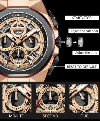 Vista 3 de Paras Crown Watch for Men Tonneau Waterproof Quartz Luxury Chronograph Analog Men's Wrist Watches