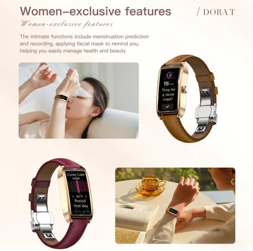 Vista 7 de Rastreador de actividad física para mujer, reloj de fitness para mujer, correa de cuero, funda de aleación, monitor de frecuencia cardíaca de lujo