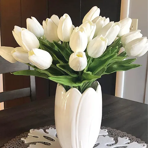 Vista 4 de hanlongyu 15 piezas de tulipanes de marfil artificiales para decoración de mesa, ramos artificiales falsos, tulipanes realistas para decoración