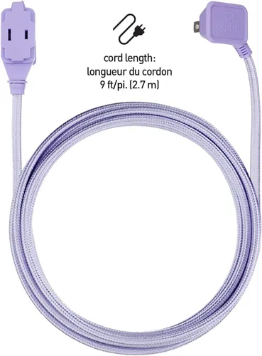 Vista 10 de GLOBE Electric 22892 Designer Series - Cable de extensión de tela de 9 pies, 3 salidas polarizadas, enchufe de ángulo recto, 125 voltios, morado