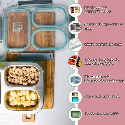 Vista 3 de Easy Togo Lonchera grande de acero inoxidable de 40 onzas para adultos, 3 compartimentos, lonchera con tapa, contenedor reutilizable para aperitivos