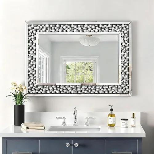 Vista 19 de Espejo de baño rectangular con diamantes de cristal de 36 x 24 Vidrio templado HD