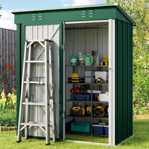 Vista 11 de Gizoon Cobertizo de almacenamiento para exteriores de 8 x 6 pies, cobertizo de jardín de metal galvanizado con puertas dobles con cerradura, Marrón