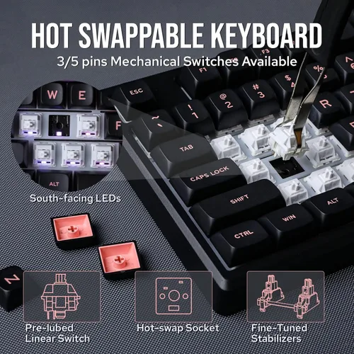Vista 6 de EPOMAKER Galaxy100 QMK/VIA Wireless Gaming Keyboard, Aluminum Shell, BT/2.4Ghz/USB-C, Pre-Lubed Hot-Swappable Linear Switches, NKRO, RGB Backlit