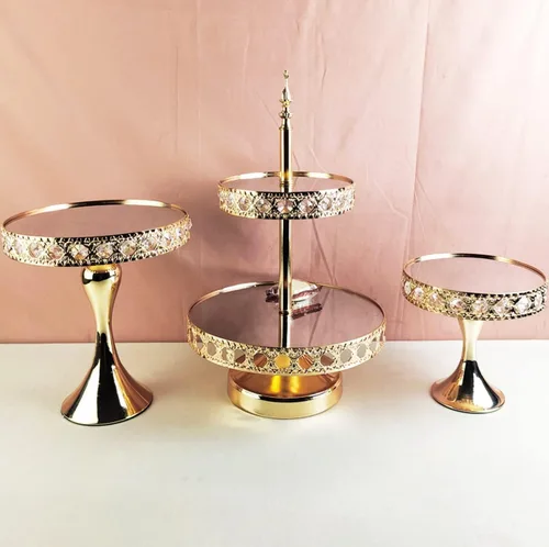 Vista 2 de Soporte redondo dorado de 8 pulgadas para tartas, soporte de pedestal de metal con cristales, plato de exhibición de quesos para bodas, fiestas