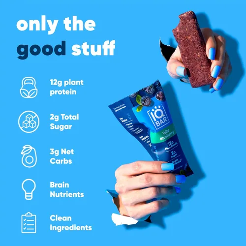 Vista 4 de IQBAR Clean Plant - Barras de proteínas de chocolate, sal marina y arándano silvestre, paquete de 12 unidades, keto, vegano, alto en fibra, sin