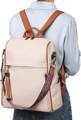 Vista 6 de FADEON Mochila de cuero para mujer, diseño de mujer, bolsa de hombro de moda, mochila de viaje convertible de PU, E Beige Con Marrón, Medium
