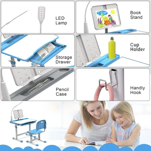 Vista 4 de BELANITAS Juego de escritorio y silla para niños, escritorio escolar de altura ajustable para niños, inclinable de 40 grados con 3 modos de luz