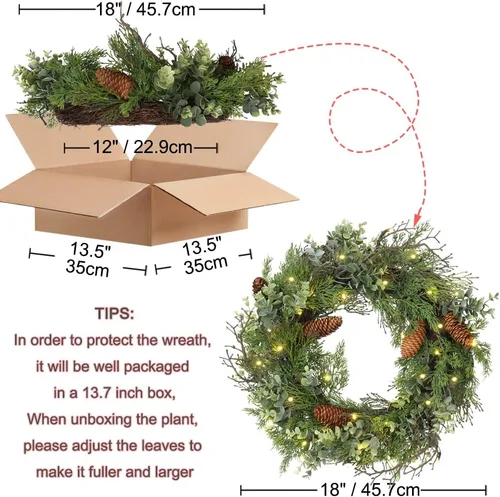Vista 6 de Corona de Navidad preiluminada para puerta delantera, corona verde decorada con conos de pino, racimos de bayas, ramas de ajuste abundante, coronas