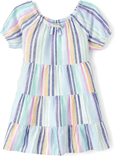 Vista 7 de Gymboree Vestidos escalonados de manga corta para niñas y niñas pequeñas Azul Flores