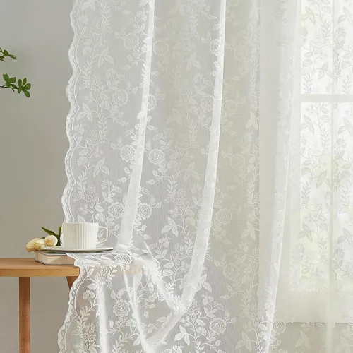 Vista 9 de FINECITY 2 paneles de cortinas de encaje beige de 36 pulgadas de largo con hojas florales rústicas, cortinas cortas y transparentes para ventana