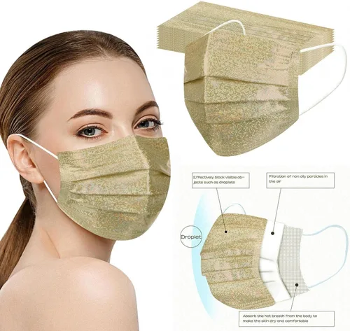 Vista 2 de Mascarillas desechables brillantes de moda, 3 capas transpirables metálicas brillantes con diseño de moda