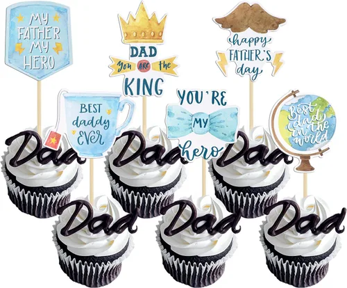 Vista 13 de 24 adornos para cupcakes con temática de sombrero para el Día del Padre, con purpurina azul, mejores selecciones de cupcakes para papá, decoraciones